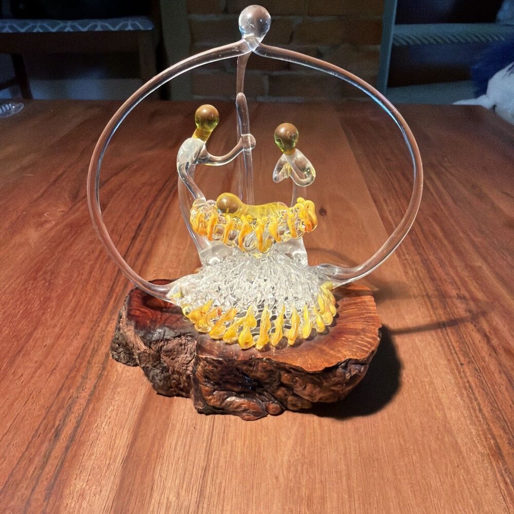 Vintage Spun Lamp Glass Nativity Scene On Live Edge Wood Block- 5.5”x4.5”